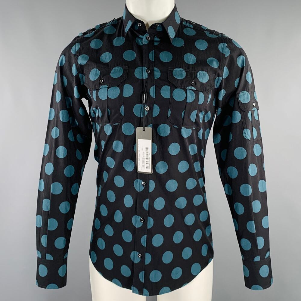DOLCE & GABBANA Size 38 Black Blue Dots Cotton Epaulettes Long Sleeve Shirt